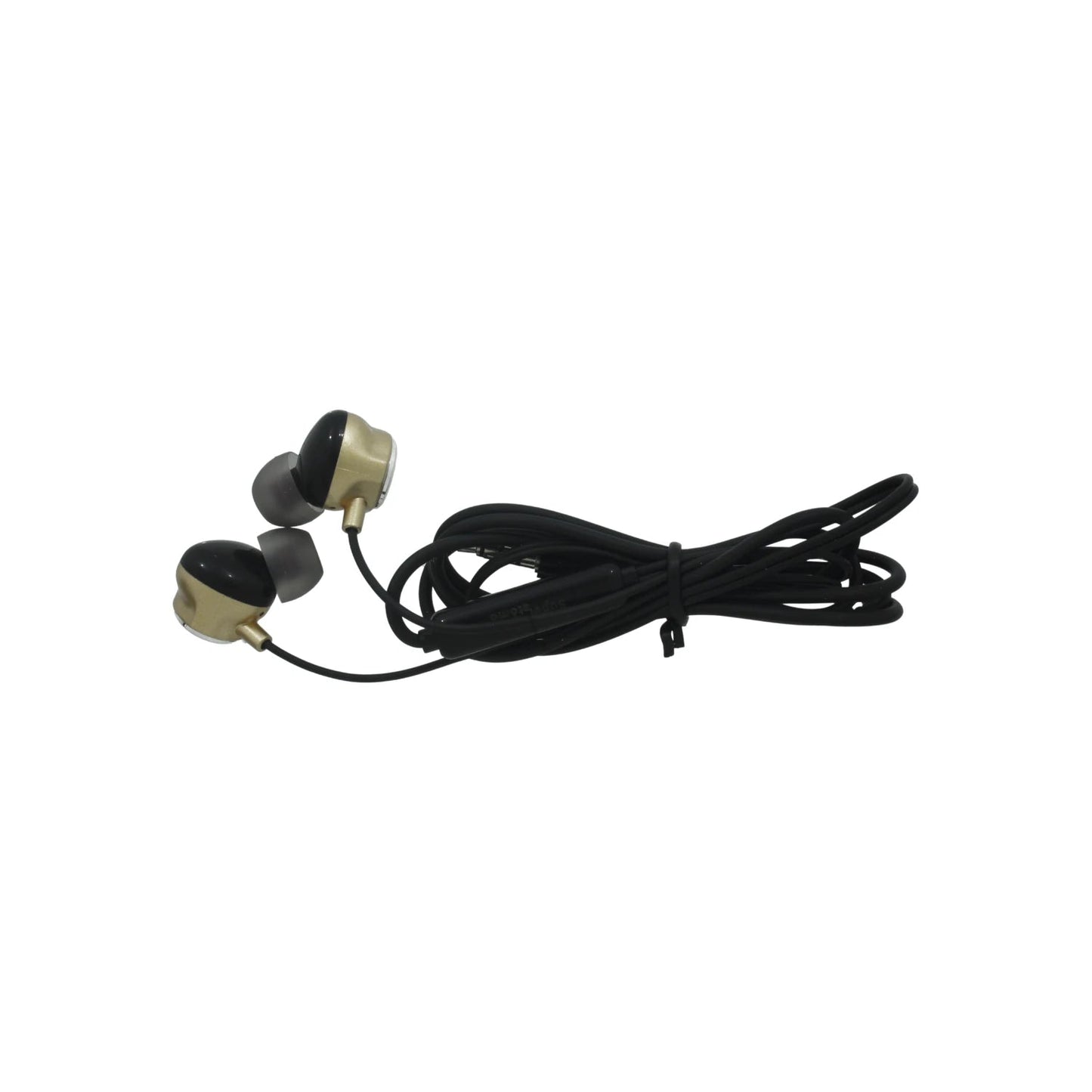 Audífonos manos libres intra-auditivos, color dorado y negro, con cable trenzado compacto