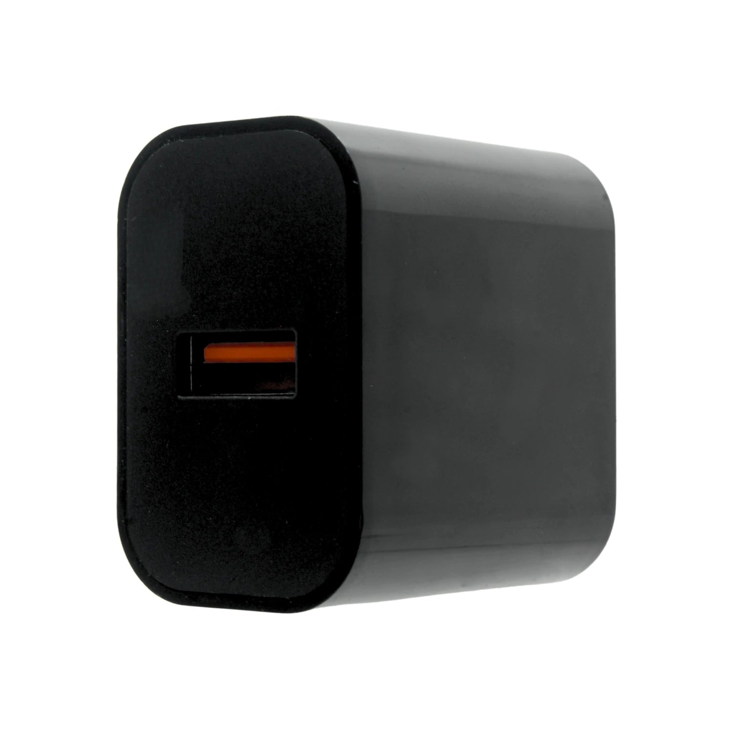 Cargador de pared USB negro con puerto de carga naranja para dispositivos electrónicos