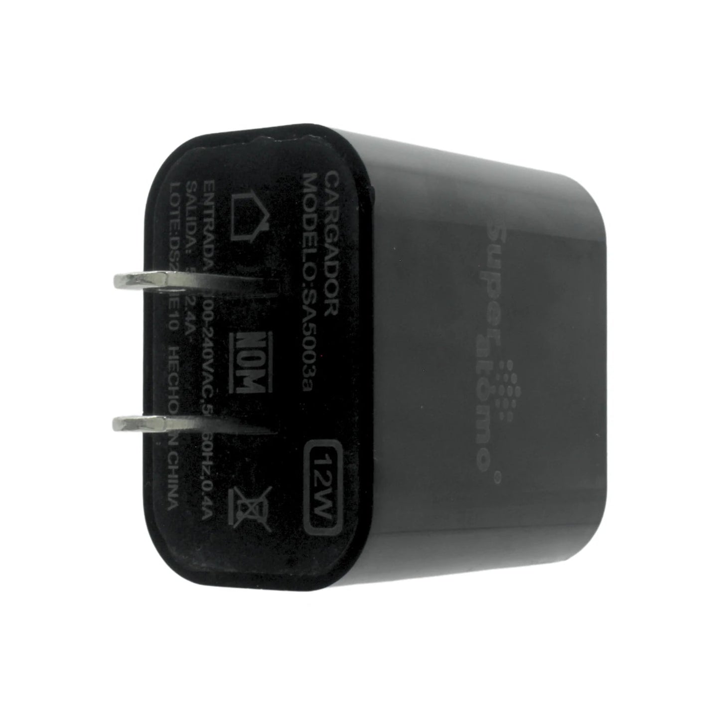 Cargador USB de pared Super átomo negro 12W, salida 2.4A, compatible con móviles y tablets