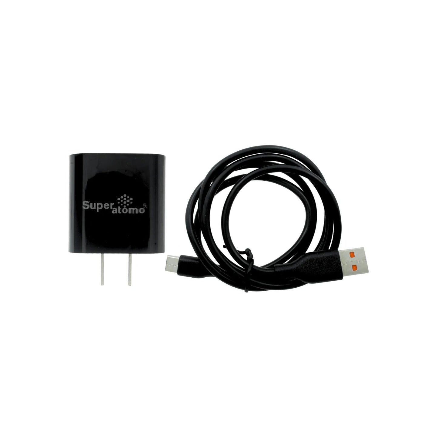 Cargador de pared USB Super átomo negro con cable USB-A a Tipo C para carga rápida de 12W.