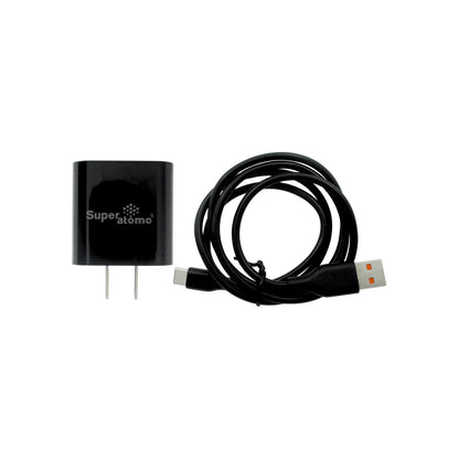 Cargador de pared USB Super átomo negro con cable USB-A a Tipo C para carga rápida de 12W.