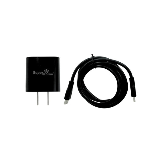 Cargador de pared Super átomo negro 25W con enchufe y cable USB-C a USB-C para carga rápida de dispositivos
