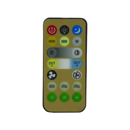 Control remoto beige para ventilador de techo con lámpara LED, ajuste de luz, color, brillo, velocidades y temporizador.