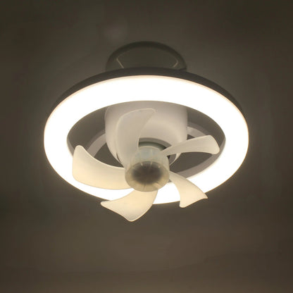 Lámpara con ventilador de techo LED circular, aspas blancas, luz brillante para iluminación moderna y eficiente.