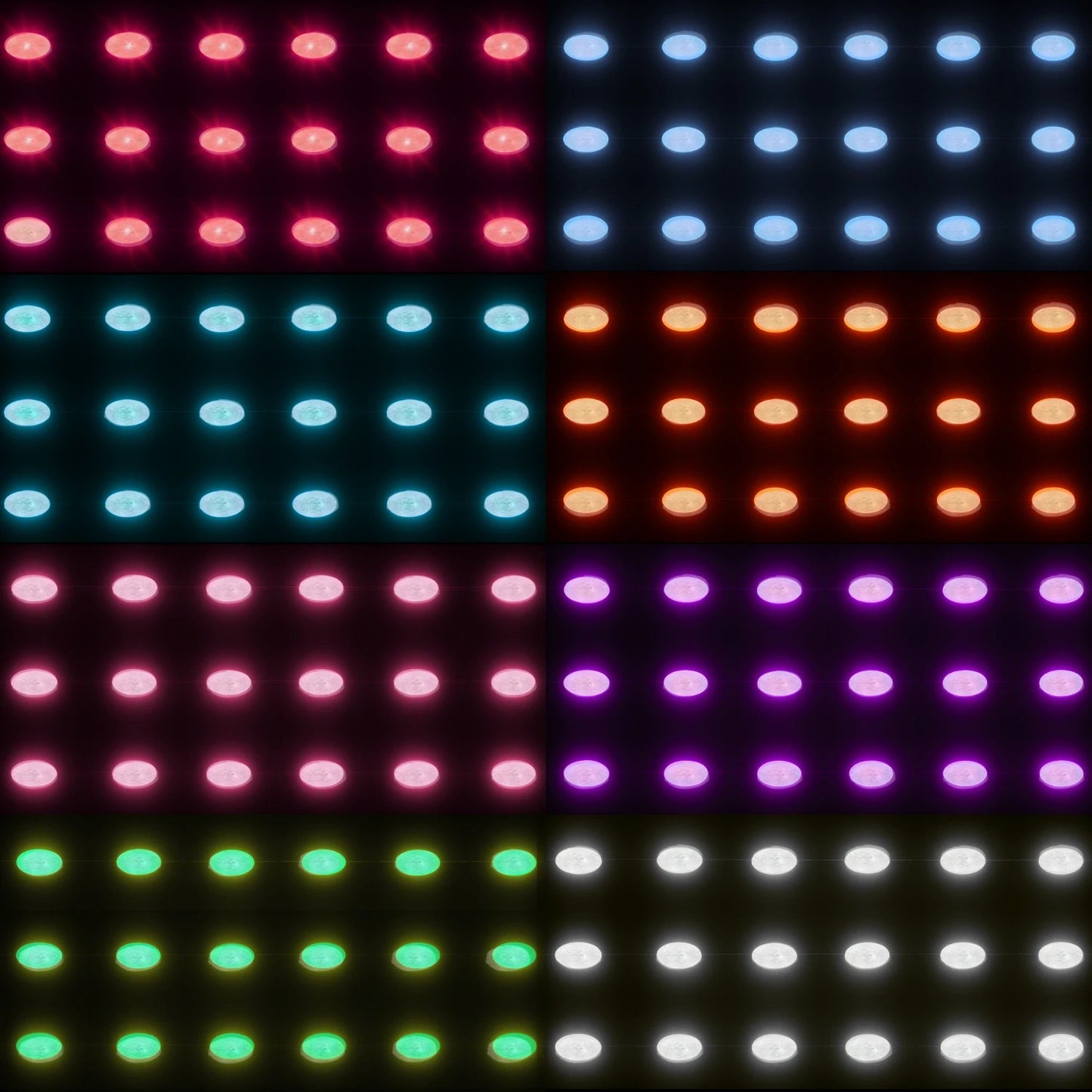 Panel de luces LED multicolores: rojo, azul, naranja, rosa, morado, verde y blanco, para decoración e iluminación.