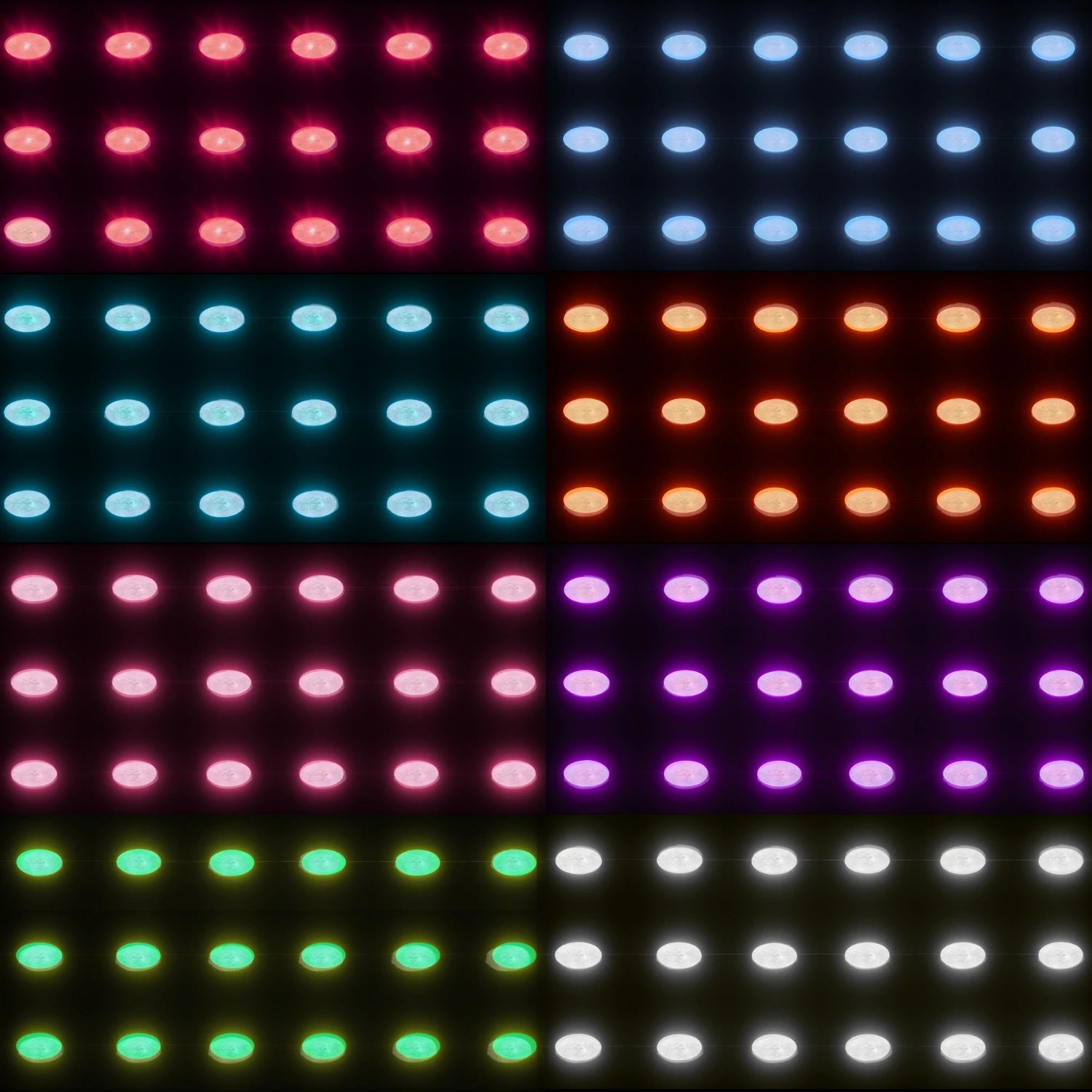 Panel de luces LED multicolores: rojo, azul, naranja, rosa, morado, verde y blanco, para decoración e iluminación.