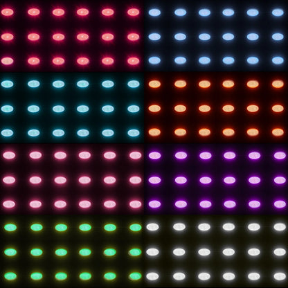Panel de luces LED multicolores: rojo, azul, naranja, rosa, morado, verde y blanco, para decoración e iluminación.