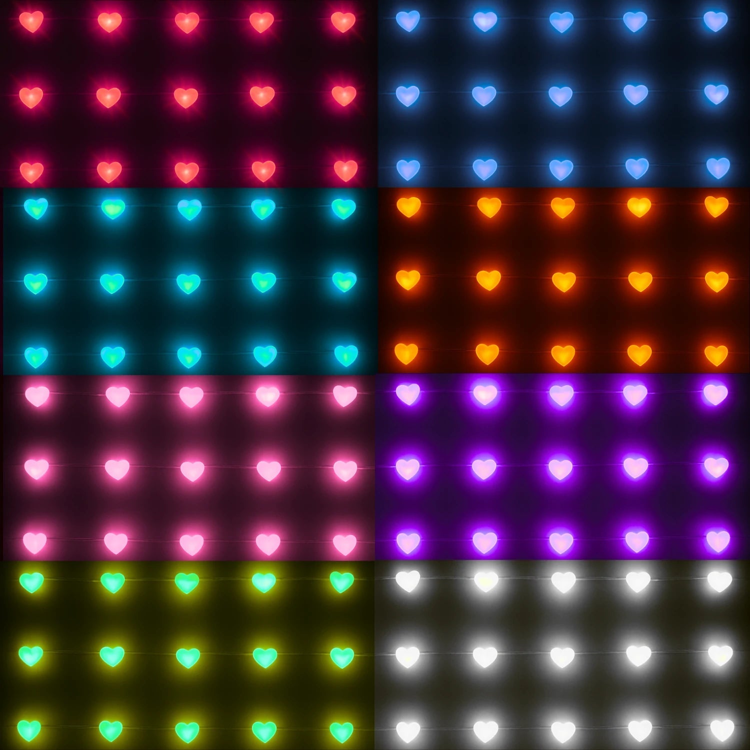 Serie de luces LED decorativas de corazones en vibrantes colores: rojo, azul, cian, naranja, rosa, verde, púrpura, blanco