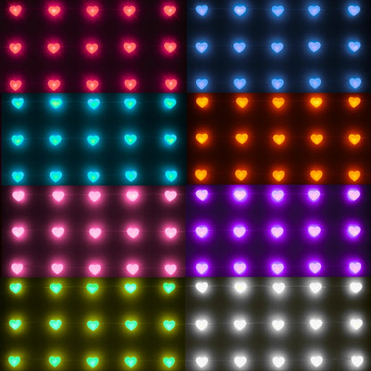 Serie de luces LED decorativas de corazones en vibrantes colores: rojo, azul, cian, naranja, rosa, verde, púrpura, blanco