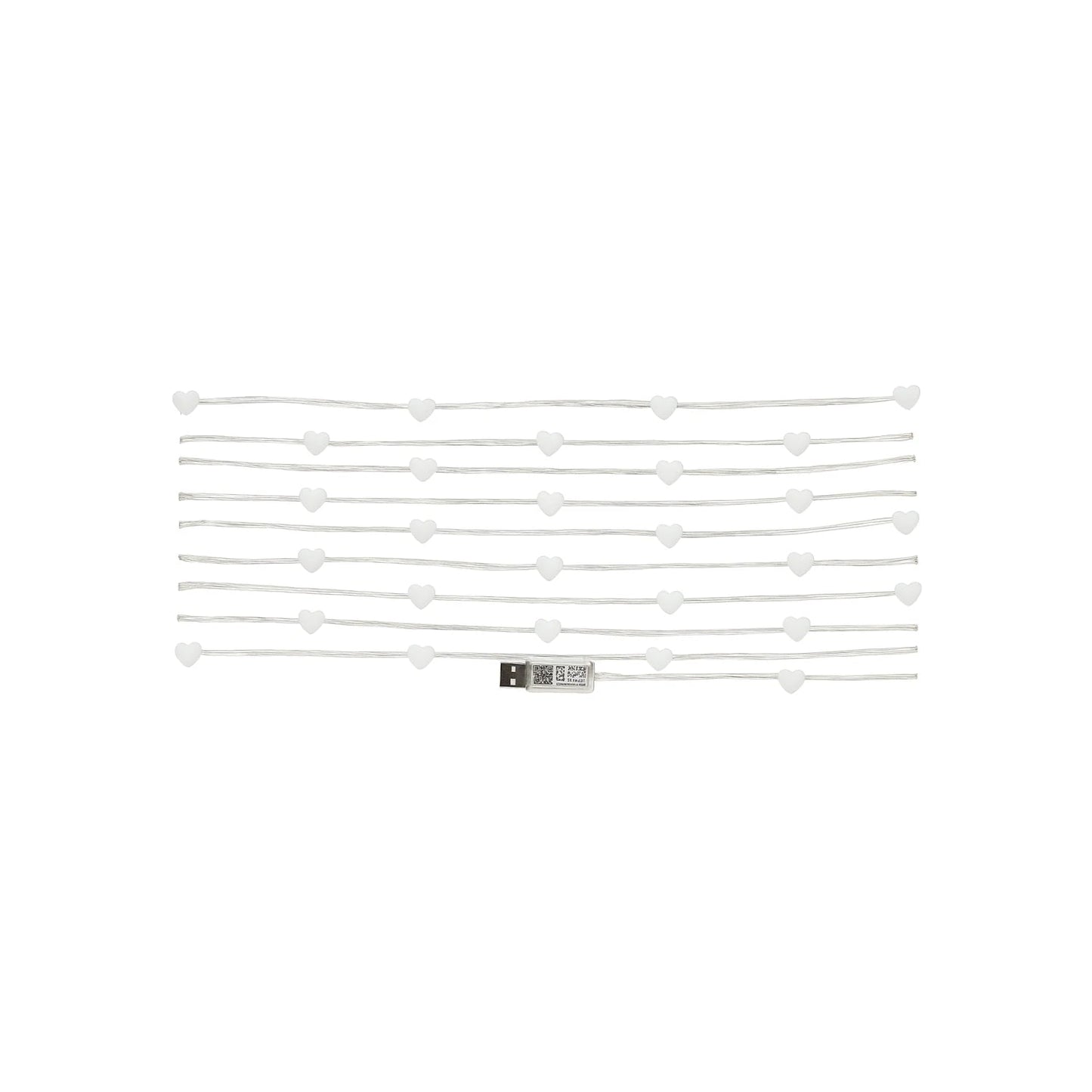 Serie de luces LED decorativas blancas con forma de corazones y conexión USB.