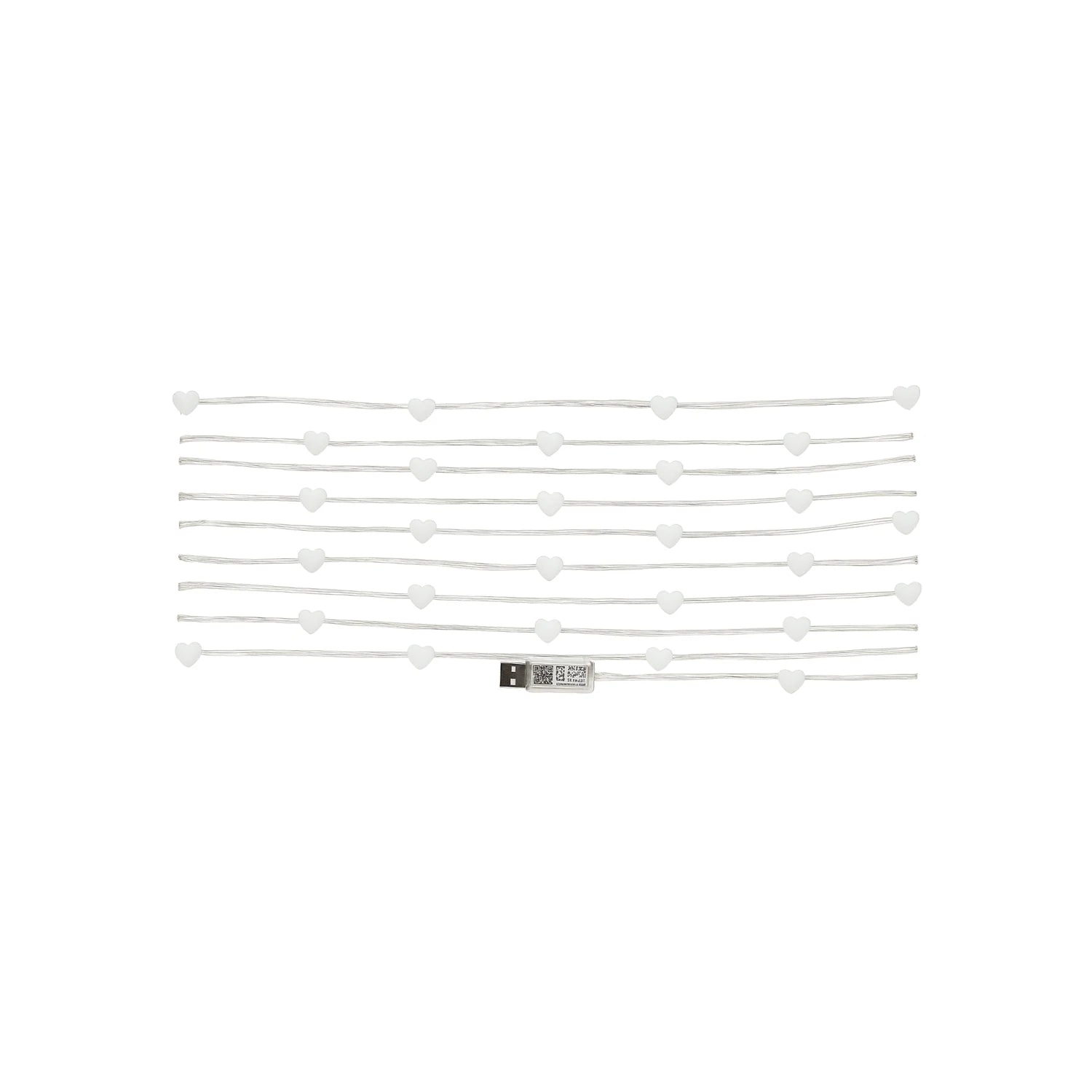 Serie de luces LED decorativas blancas con forma de corazones y conexión USB.