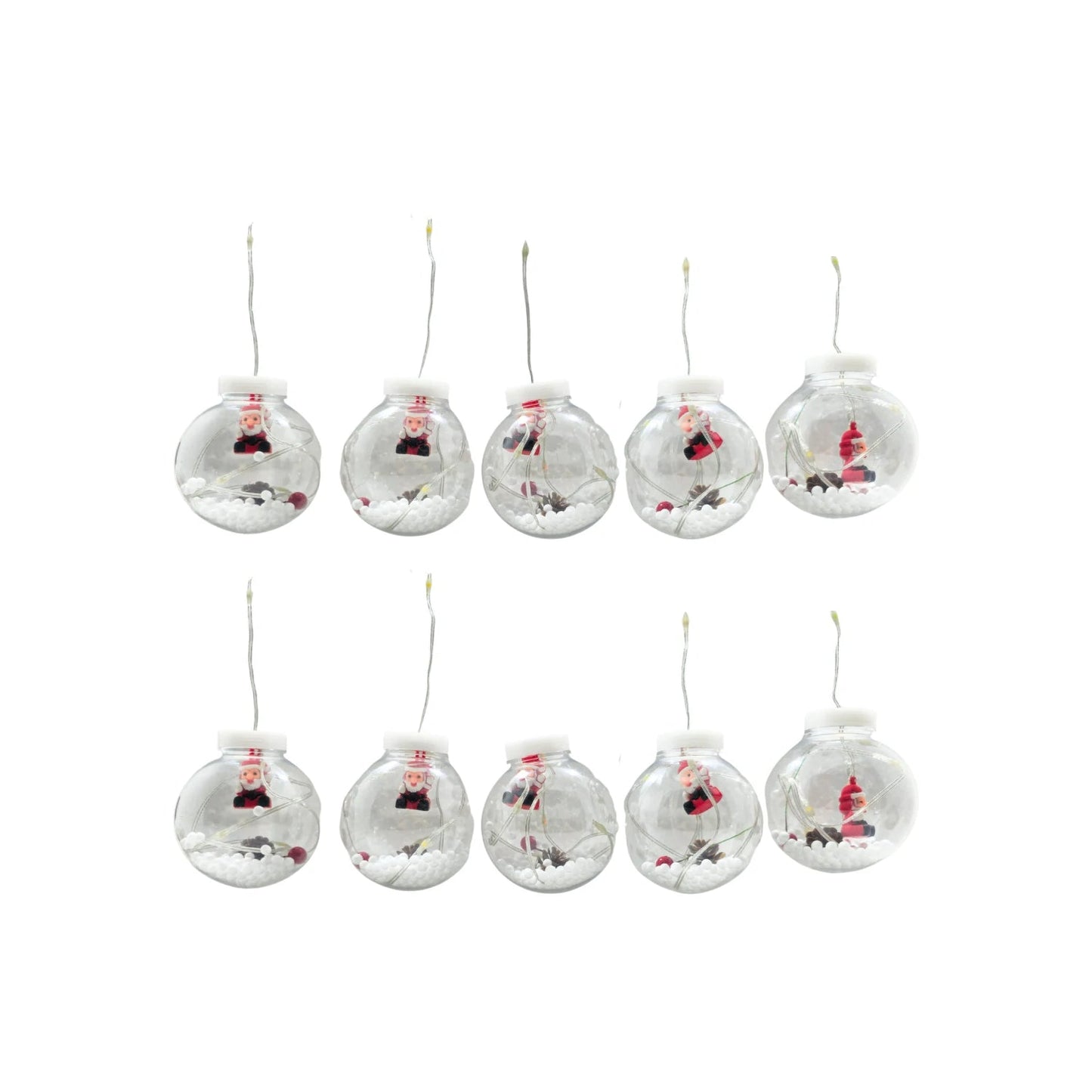 Guirnalda de 10 focos LED de Santa Claus en esferas transparentes con nieve y bayas rojas, ideal para decoración navideña.