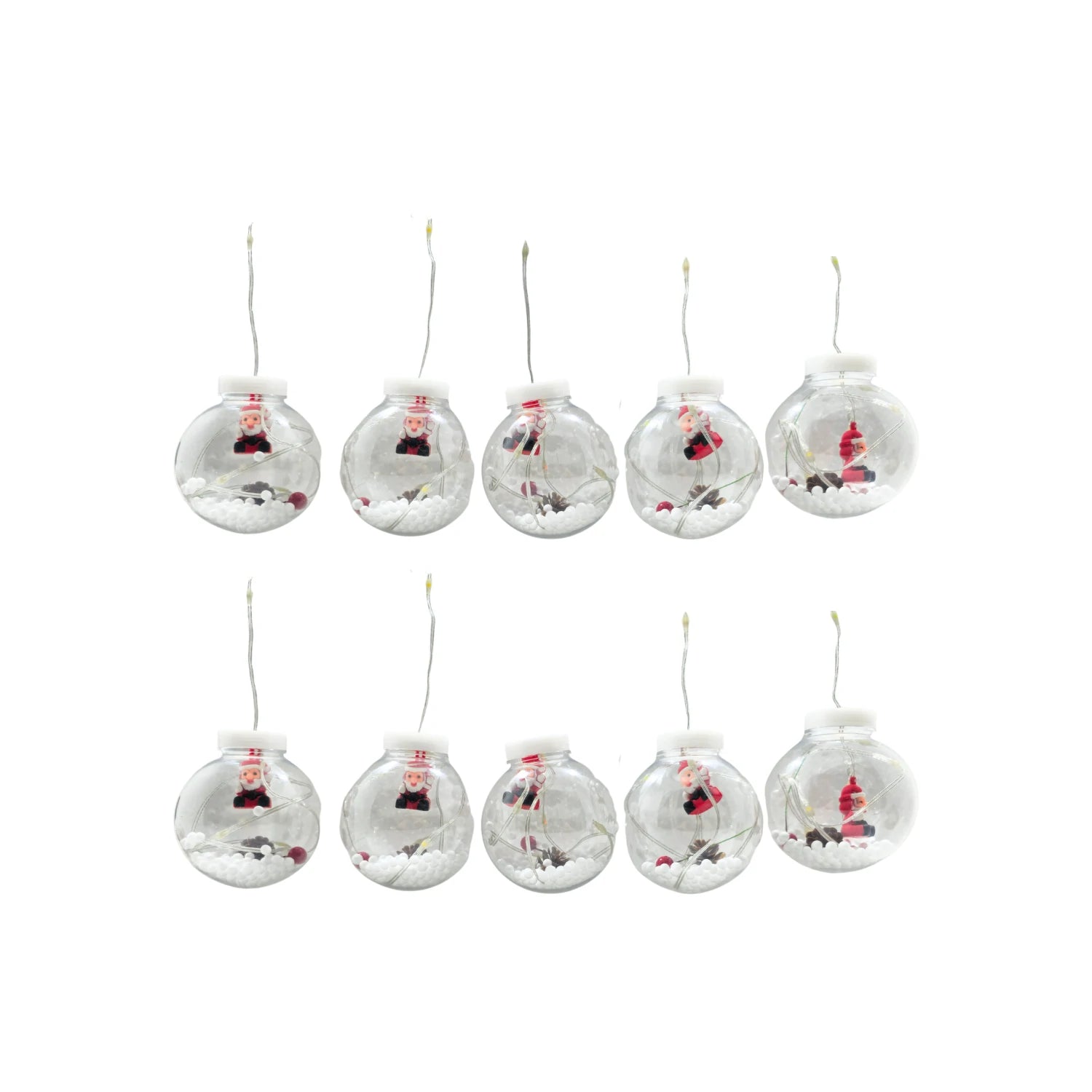 Guirnalda de 10 focos LED de Santa Claus en esferas transparentes con nieve y bayas rojas, ideal para decoración navideña.