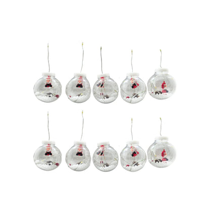Guirnalda de 10 focos LED de Santa Claus en esferas transparentes con nieve y bayas rojas, ideal para decoración navideña.