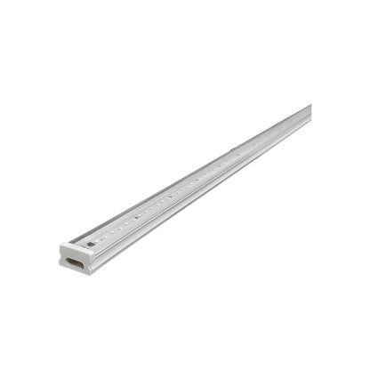 Lámpara de tubo LED lineal, perfil de aluminio plateado, LEDs visibles y conector de plástico blanco.