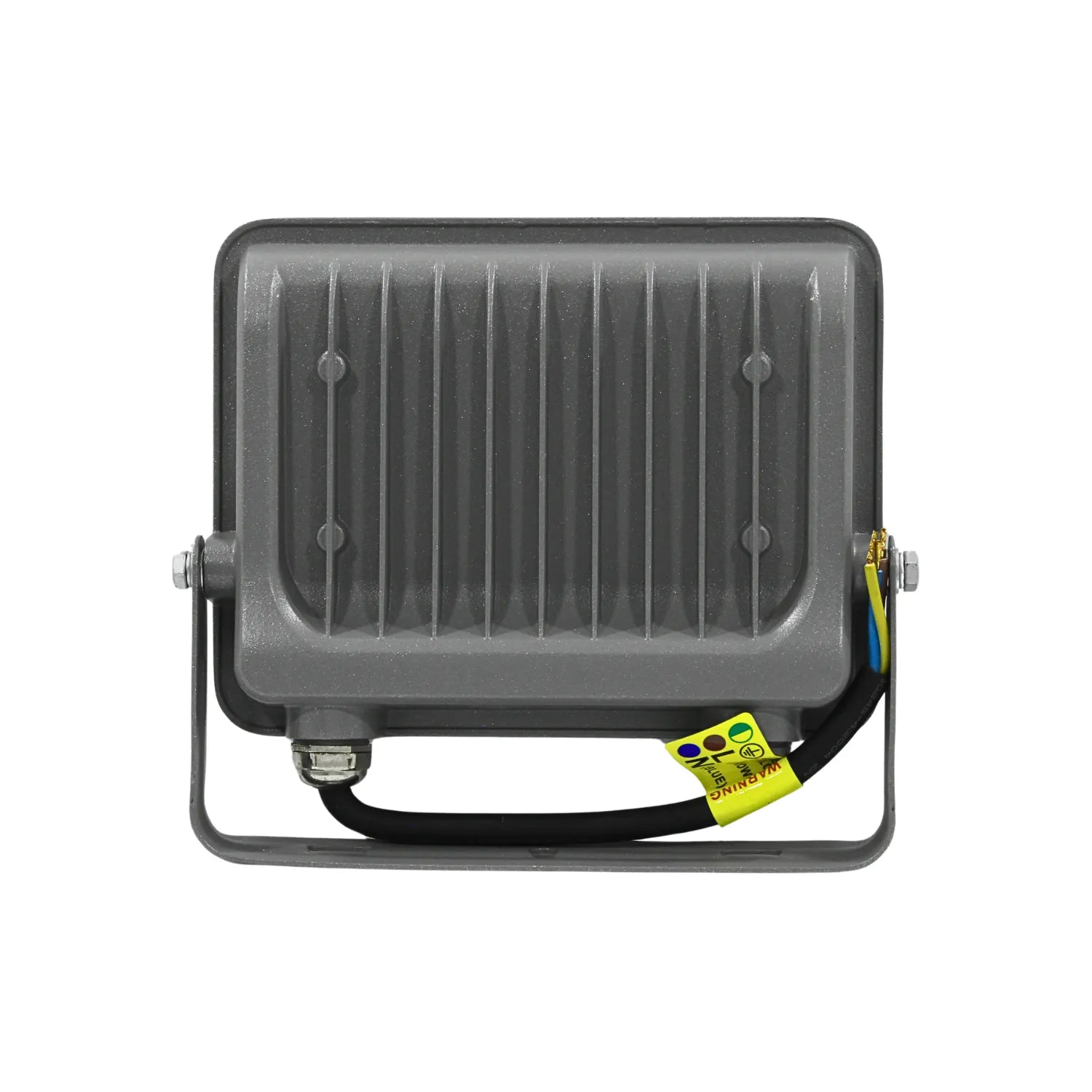 Proyector LED exterior gris con aletas disipadoras de calor, soporte metálico ajustable y cable de conexión.
