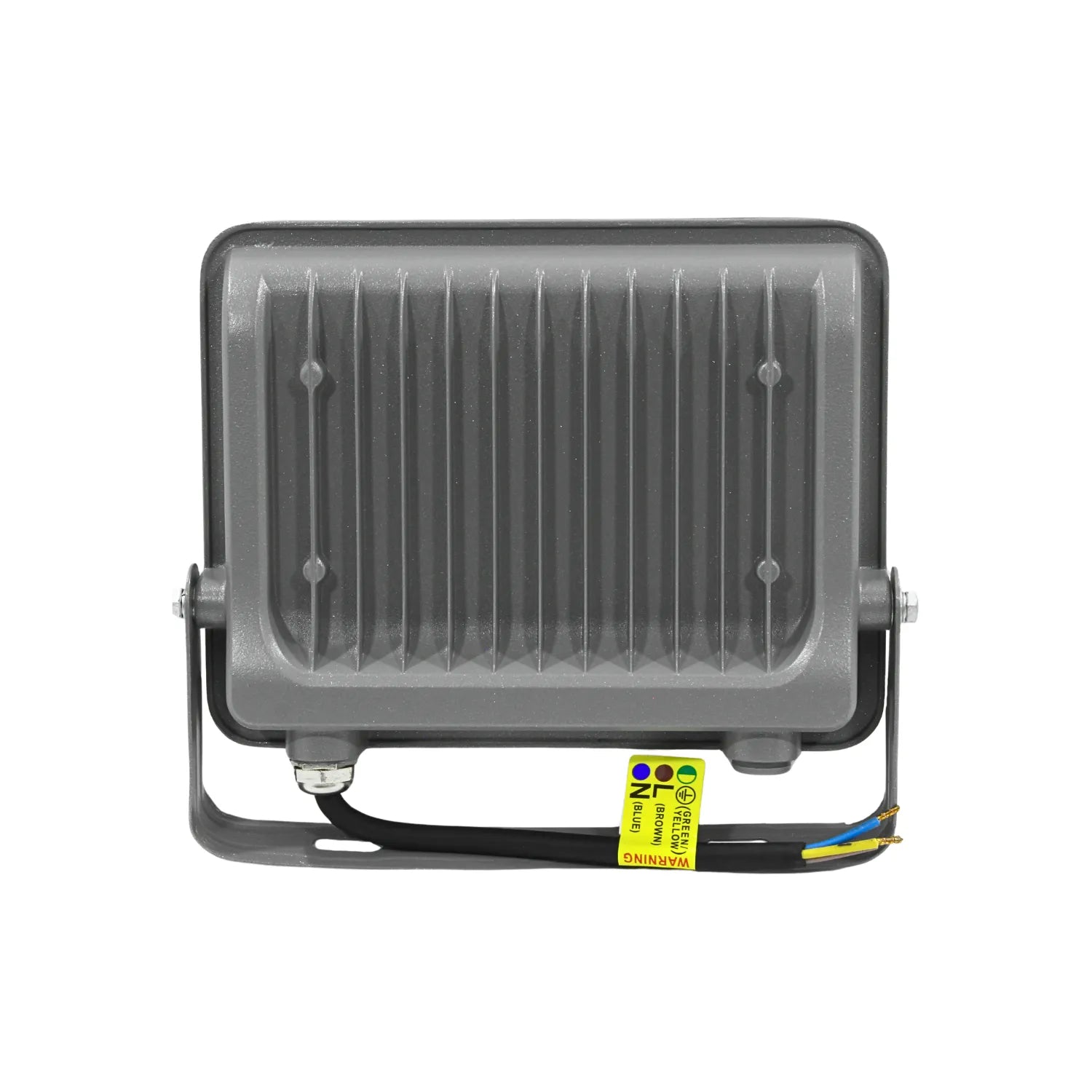Foco reflector LED exterior gris con disipador de calor posterior y cables de conexión para instalación eléctrica