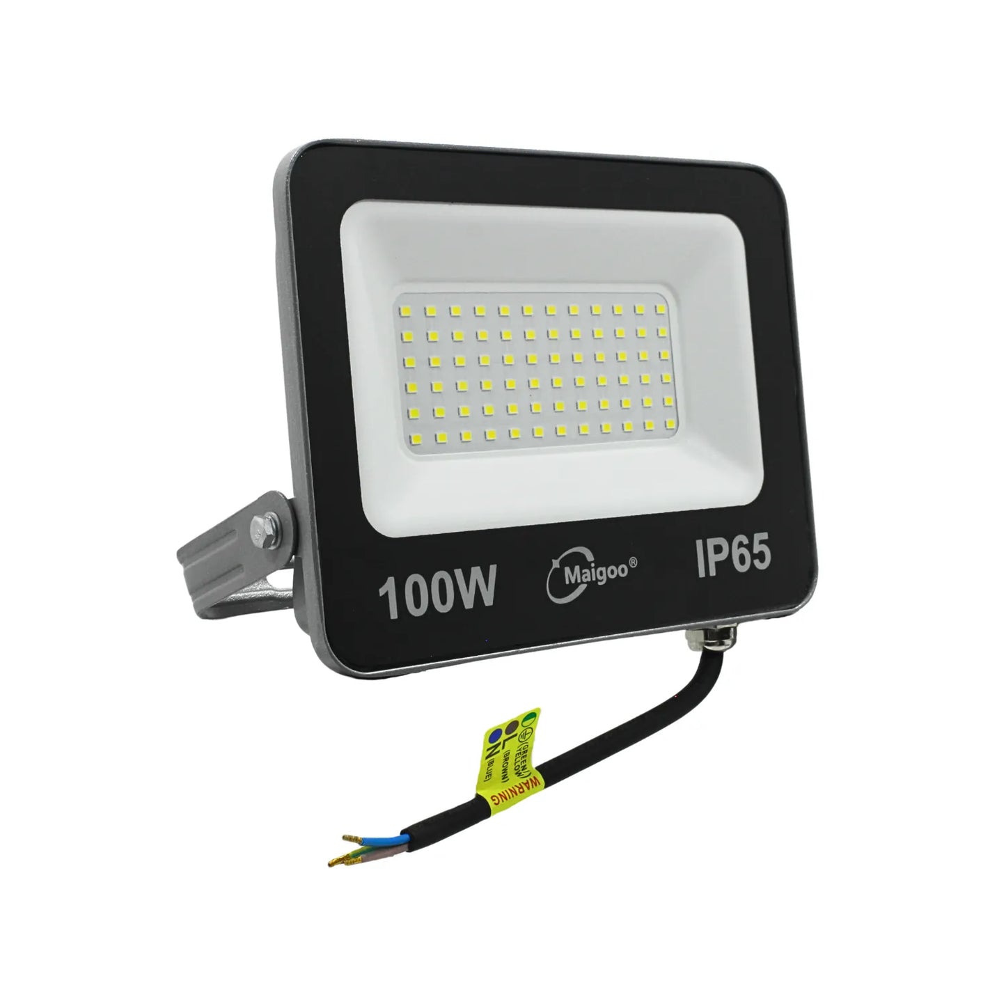 Reflector LED 100W Maigoo IP65 negro para iluminación exterior con soporte ajustable y cableado de instalación