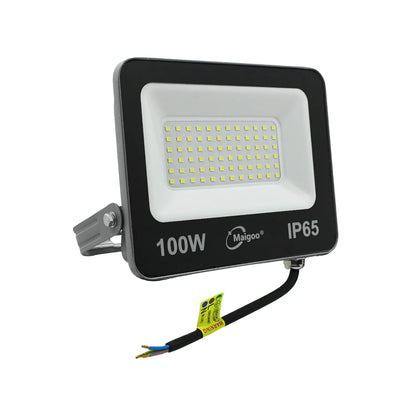 Reflector LED 100W Maigoo IP65 negro para iluminación exterior con soporte ajustable y cableado de instalación