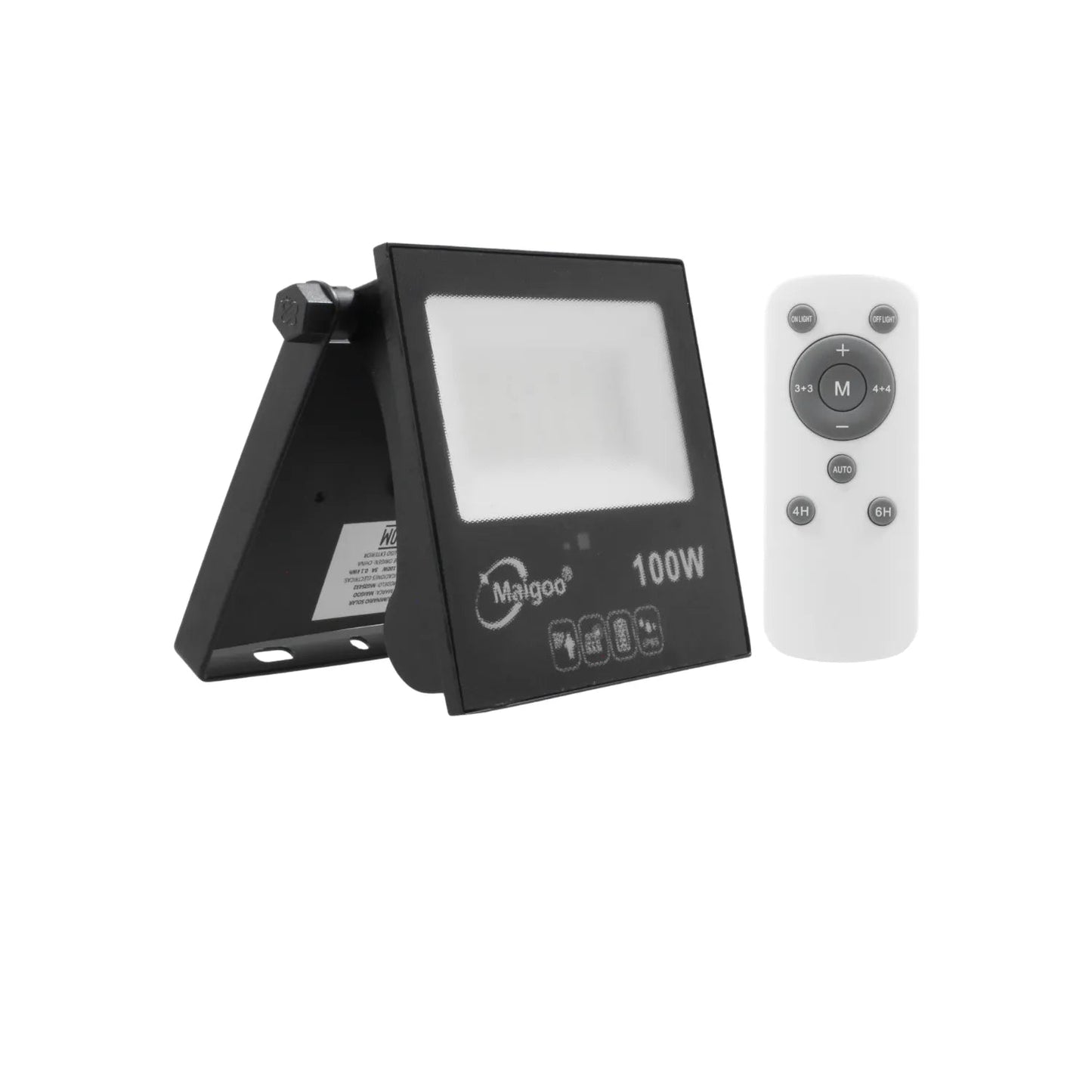 Foco solar Maigoo 100W LED negro con control remoto, modos de luz y temporizador para exteriores.