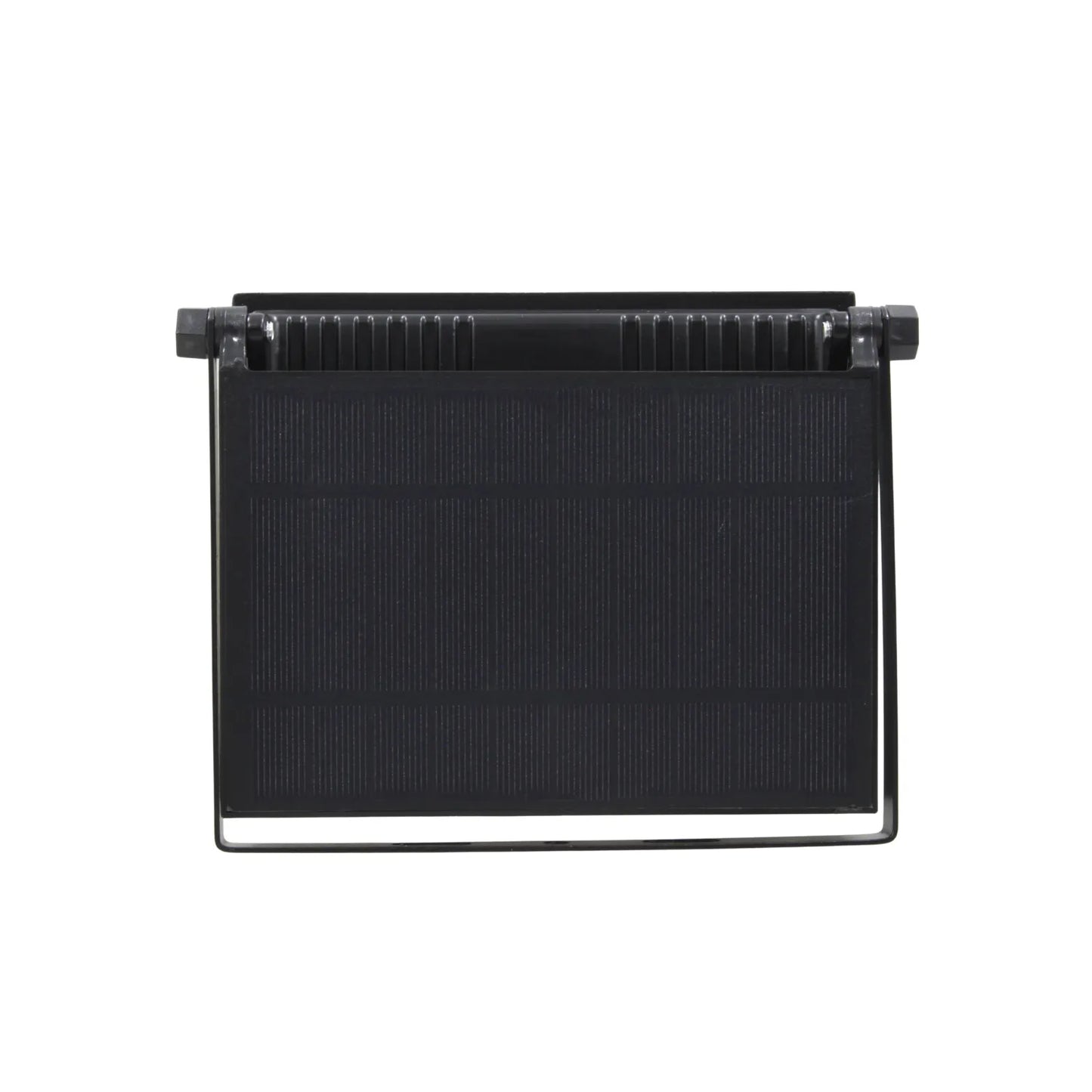 Reflector solar negro para exteriores, vista trasera con panel, disipador y soporte ajustable.