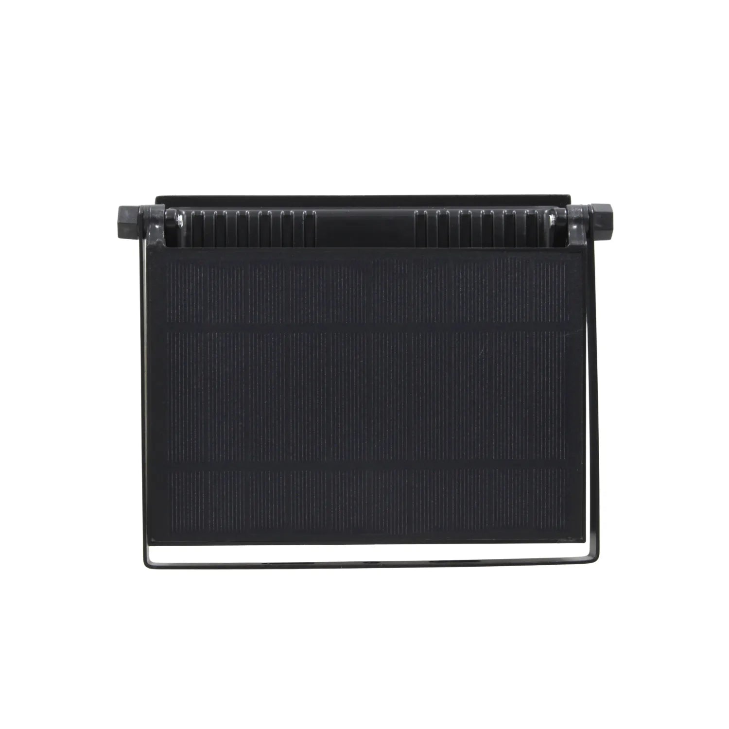 Reflector solar negro para exteriores, vista trasera con panel, disipador y soporte ajustable.
