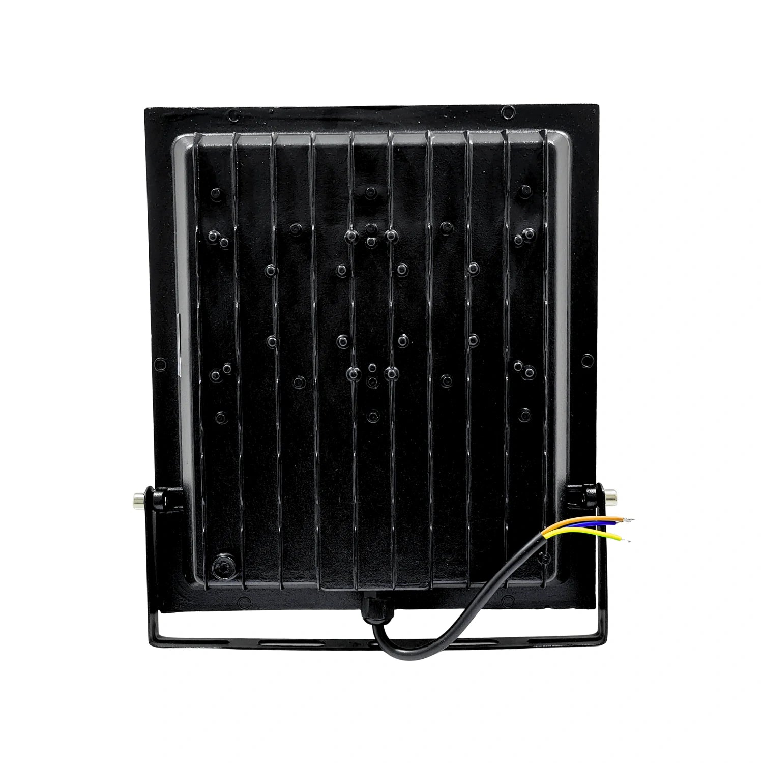 Reflector LED negro vista trasera con disipador de calor, soporte y cableado expuesto para uso rudo