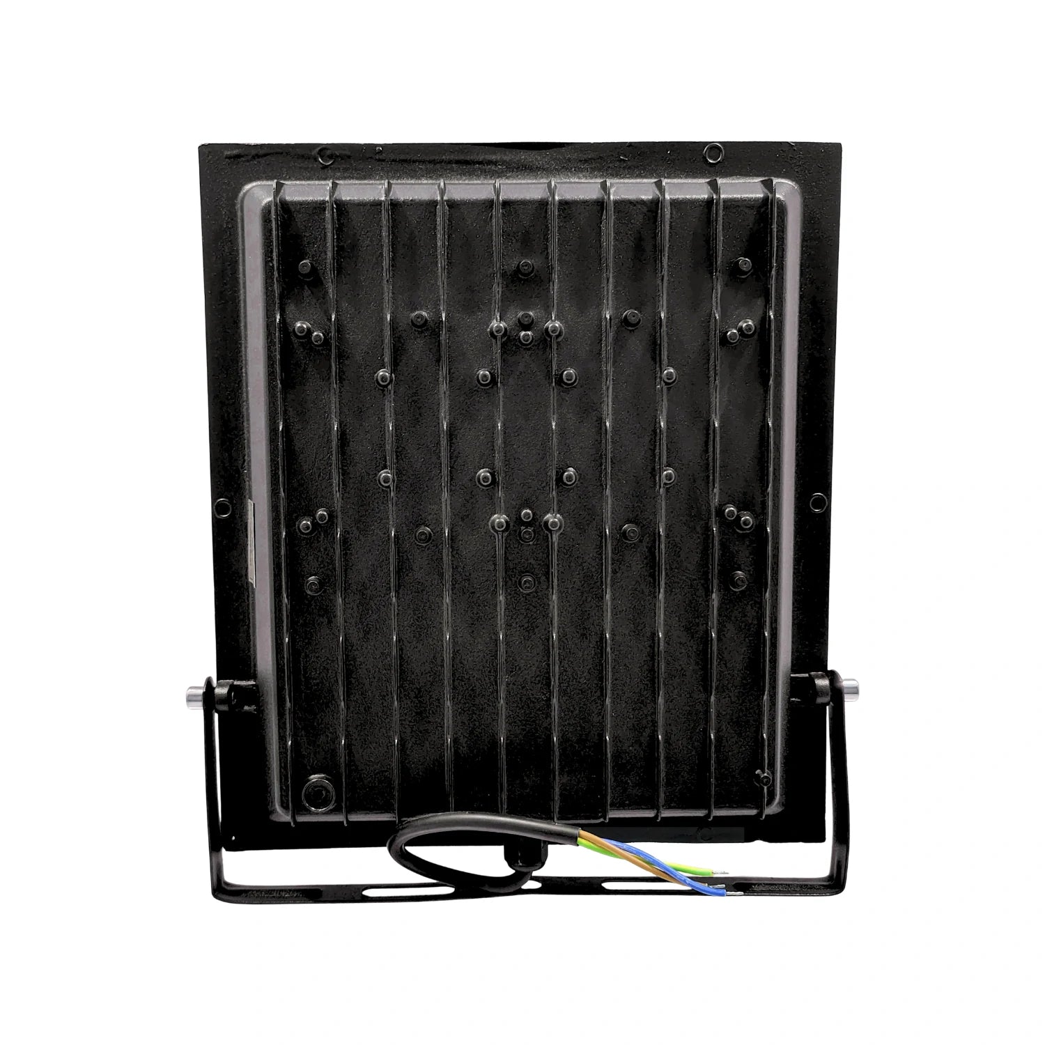 Reflector LED negro, vista trasera, con aletas disipadoras de calor y cableado expuesto para uso exterior rudo.