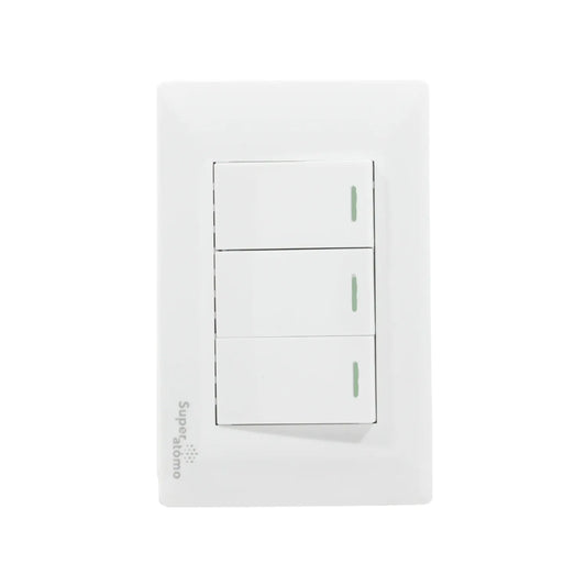 Placa blanca Super átomo con 3 apagadores de luz tipo escalera e indicadores verdes