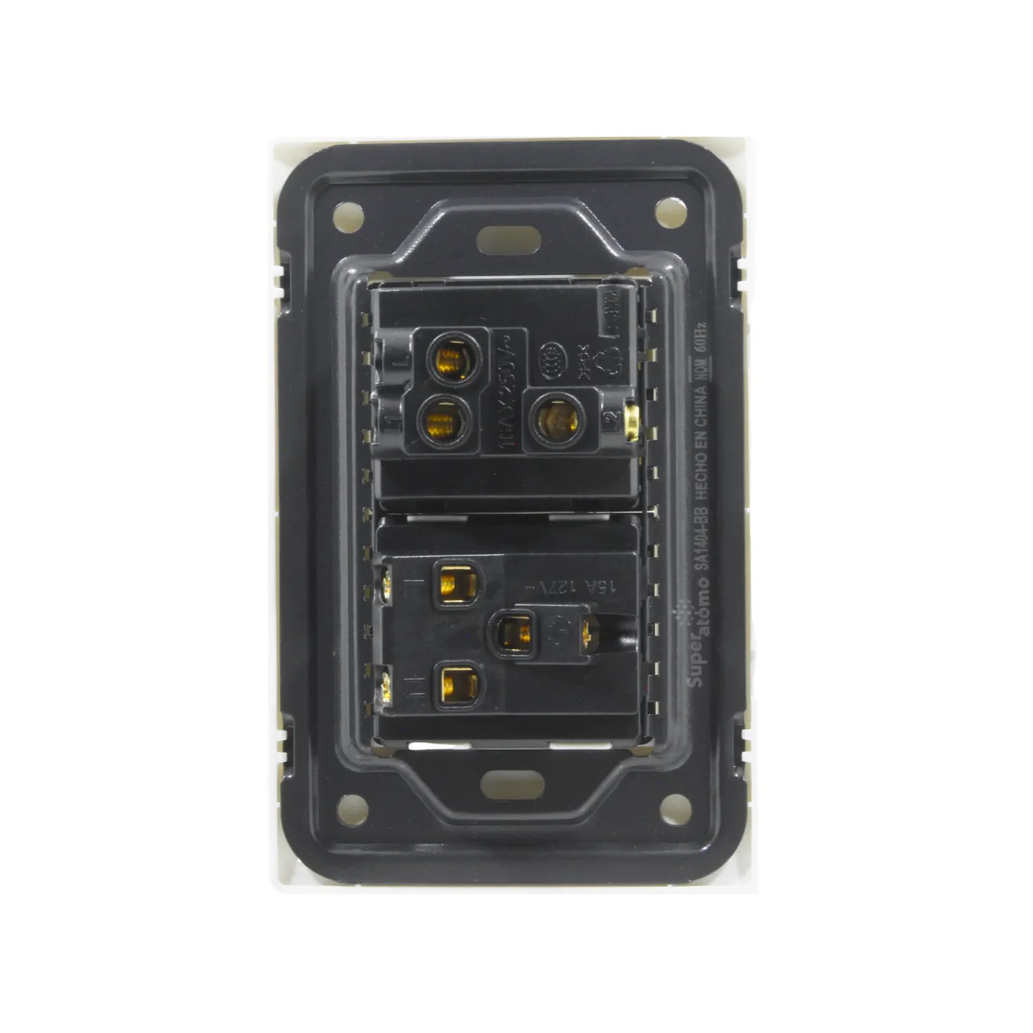 Placa eléctrica Super átomo con 1 apagador escalera 10A/250V y 1 contacto 15A/127V, blanca, vista posterior.