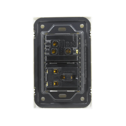 Placa eléctrica Super átomo con 1 apagador escalera 10A/250V y 1 contacto 15A/127V, blanca, vista posterior.