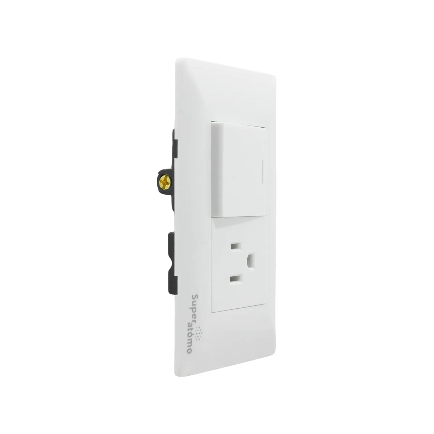 Placa eléctrica combinada blanca Super átomo con 1 apagador de escalera y 1 contacto para pared