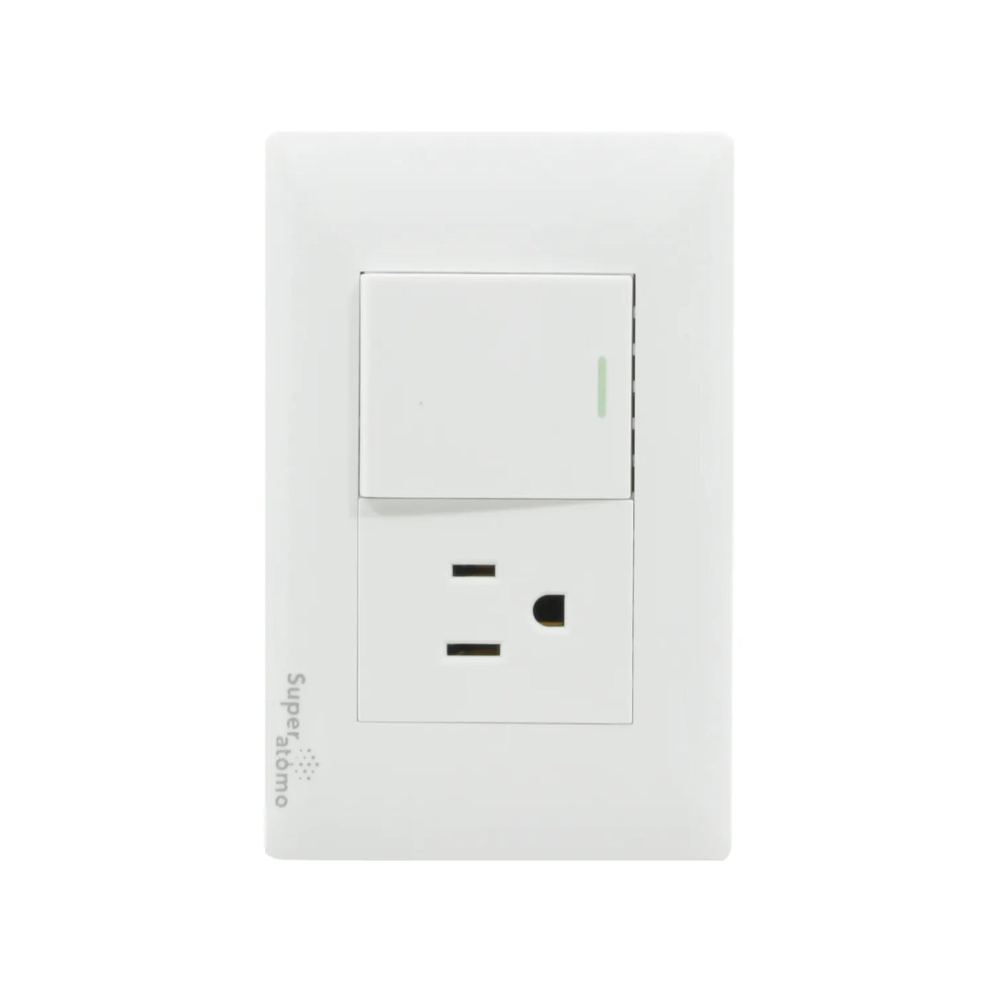 Placa eléctrica blanca Super átomo con 1 apagador de luz y 1 contacto de corriente.