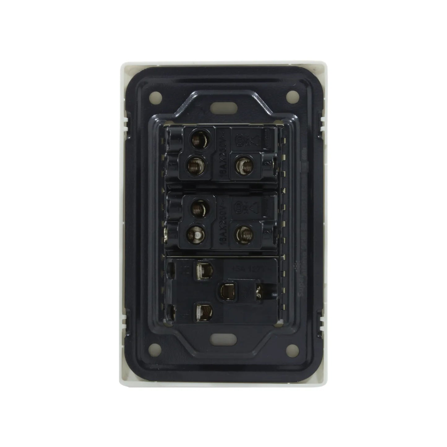 Placa de pared con 2 interruptores de luz escalera y 1 contacto eléctrico, vista trasera, color crema y negro.