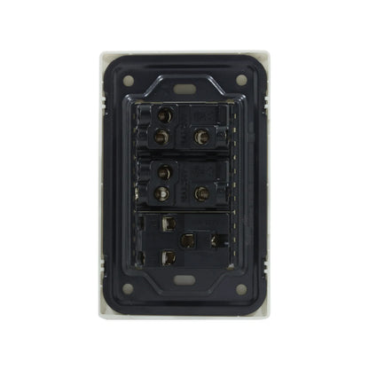 Placa de pared con 2 interruptores de luz escalera y 1 contacto eléctrico, vista trasera, color crema y negro.