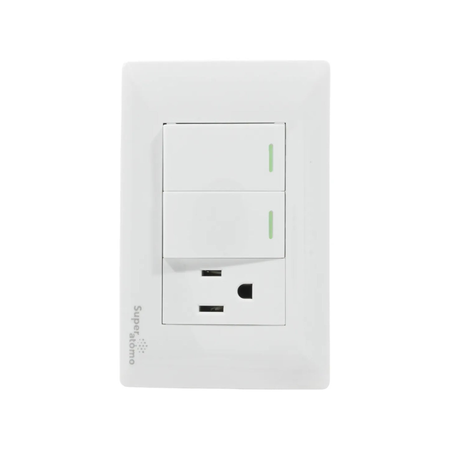 Placa Super átomo blanca con 2 apagadores escalera y 1 contacto eléctrico polarizado para pared