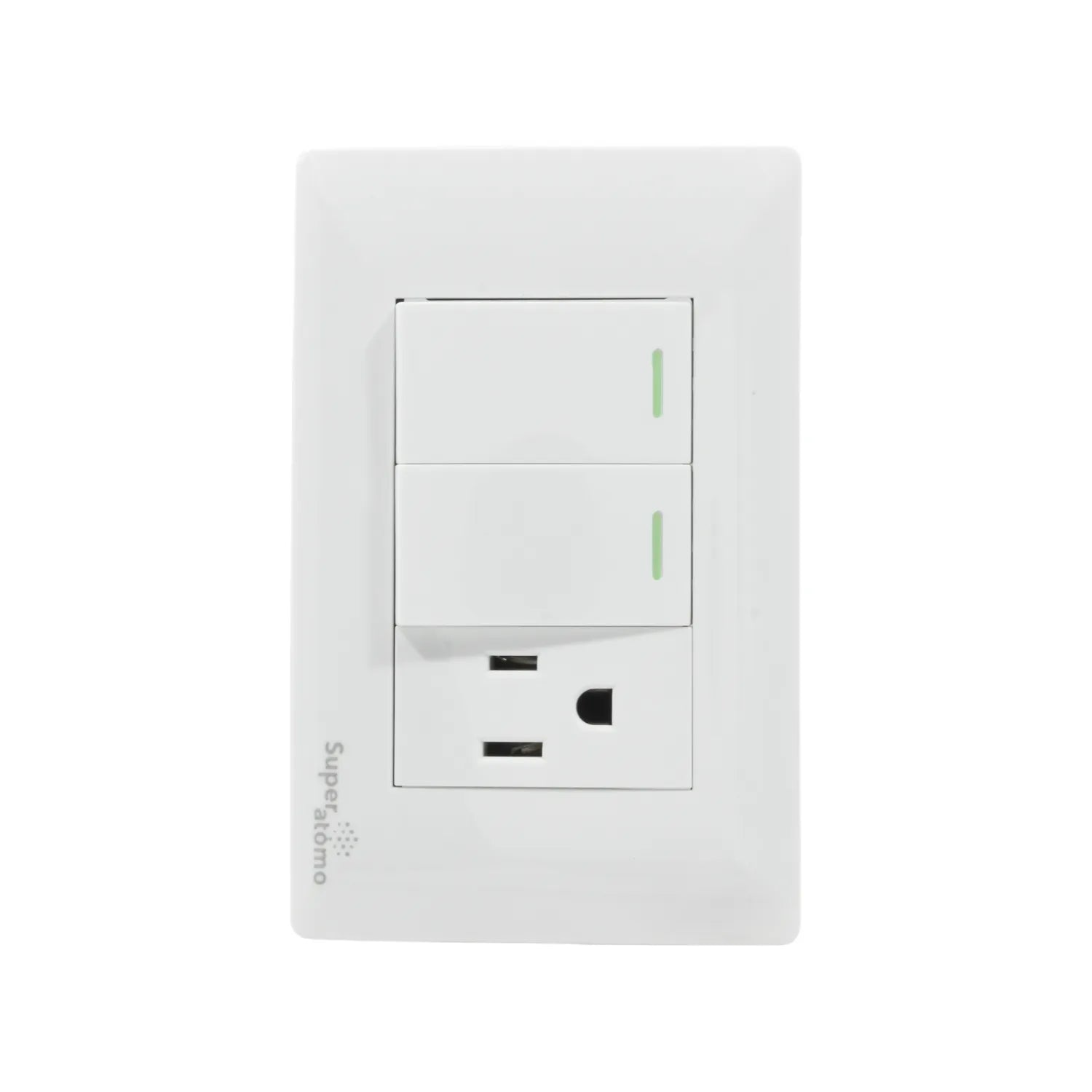 Placa Super átomo blanca con 2 apagadores escalera y 1 contacto eléctrico polarizado para pared