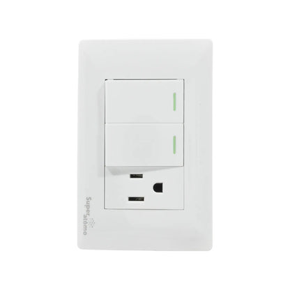Placa Super átomo blanca con 2 apagadores escalera y 1 contacto eléctrico polarizado para pared
