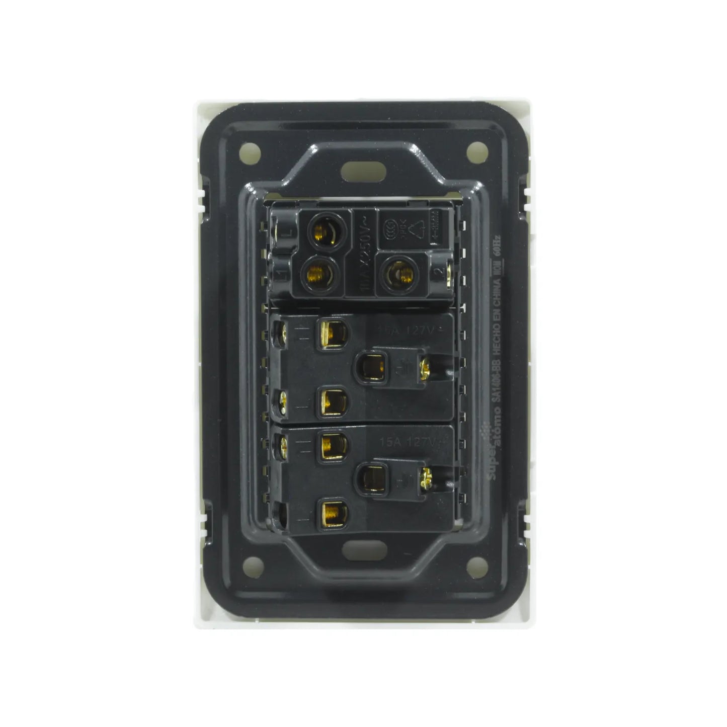 Placa eléctrica blanca Super átomo SA1406-BB, vista posterior de 1 apagador escalera y 2 contactos con bornes.