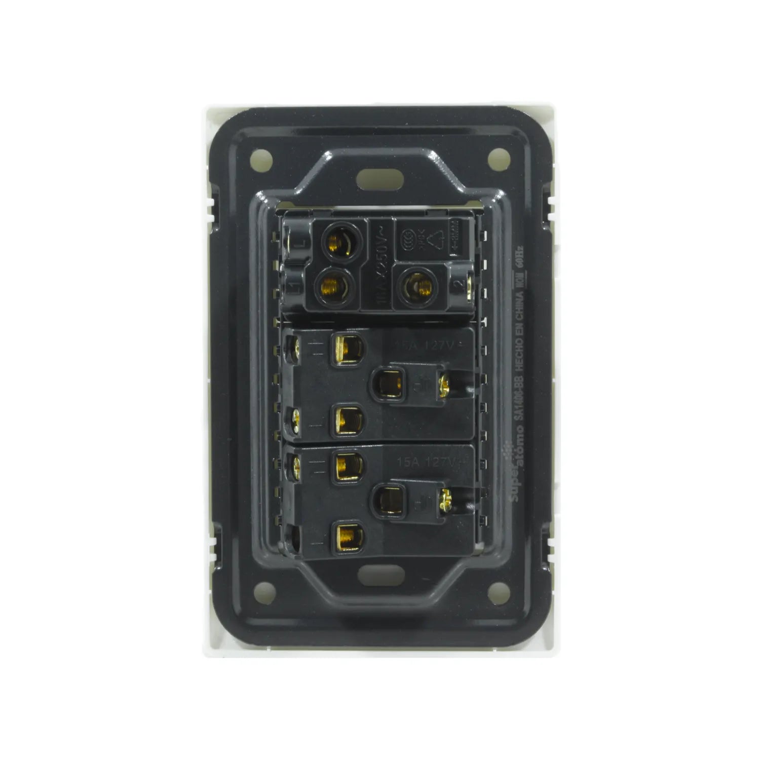 Placa eléctrica blanca Super átomo SA1406-BB, vista posterior de 1 apagador escalera y 2 contactos con bornes.
