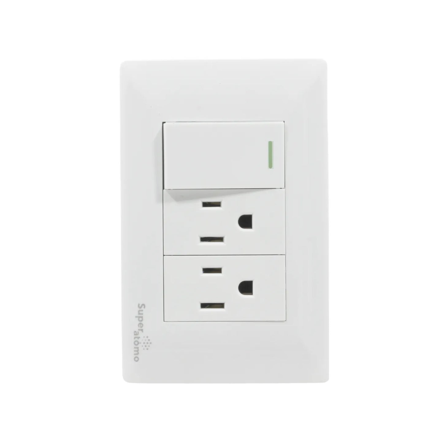 Placa eléctrica blanca Super átomo con 1 apagador de escalera y 2 contactos polarizados