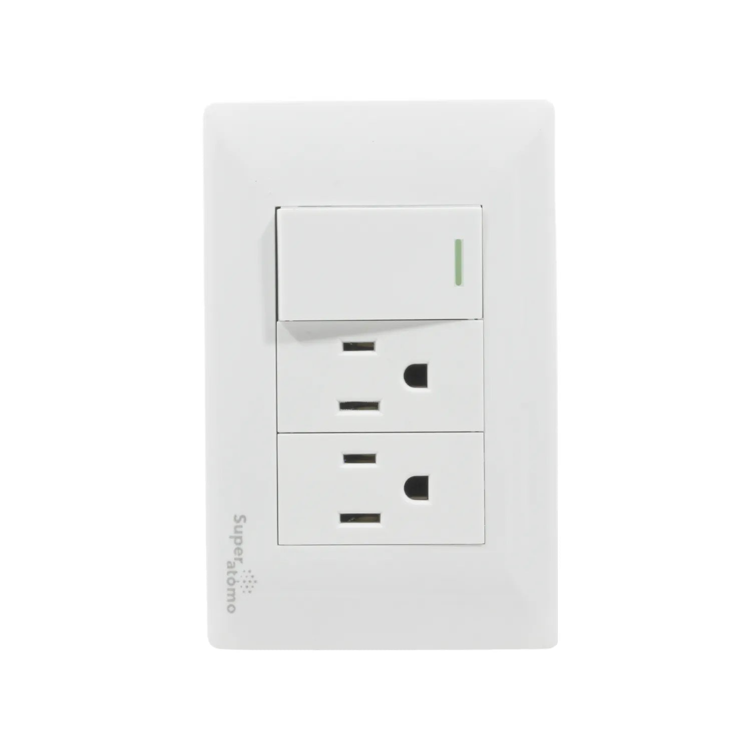 Placa eléctrica blanca Super átomo con 1 apagador de escalera y 2 contactos polarizados
