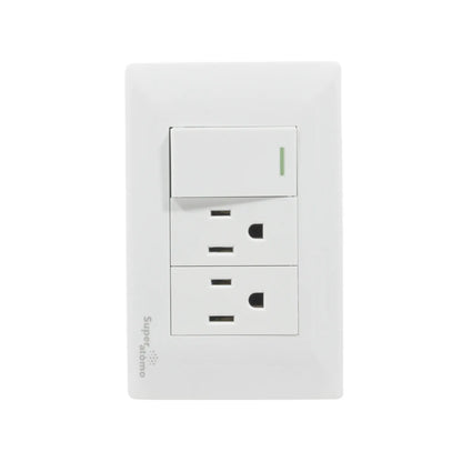 Placa eléctrica blanca Super átomo con 1 apagador de escalera y 2 contactos polarizados