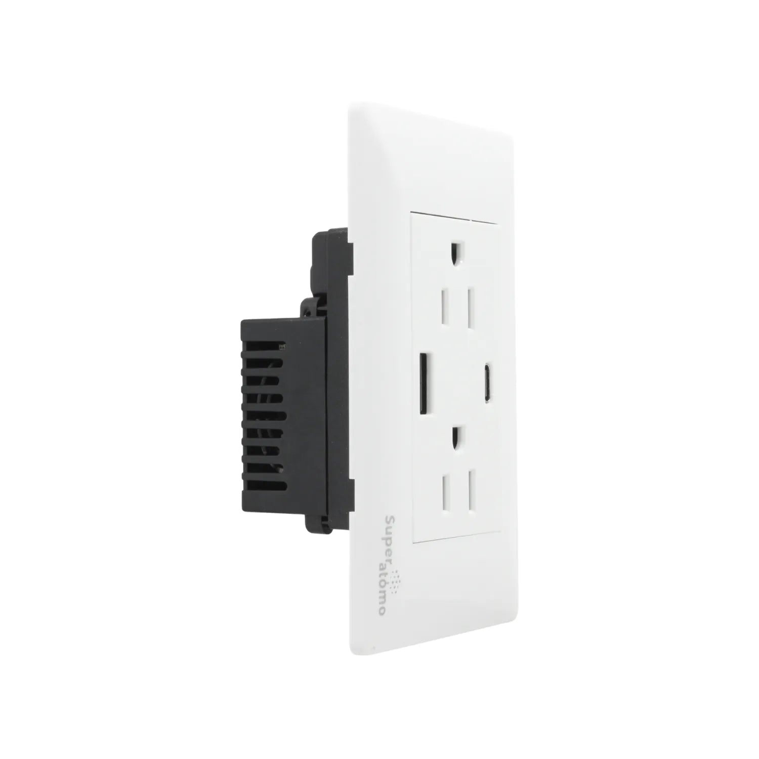 Placa tomacorriente blanca Super átomo con 2 contactos eléctricos, 1 puerto USB y 1 USB Tipo C para pared.