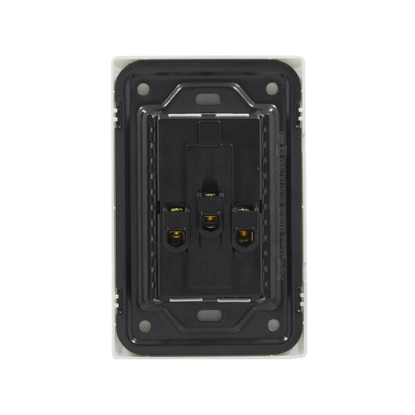 Placa eléctrica blanca Super Átomo 2 contactos vista trasera, terminales visibles y especificaciones 10A 127V~.