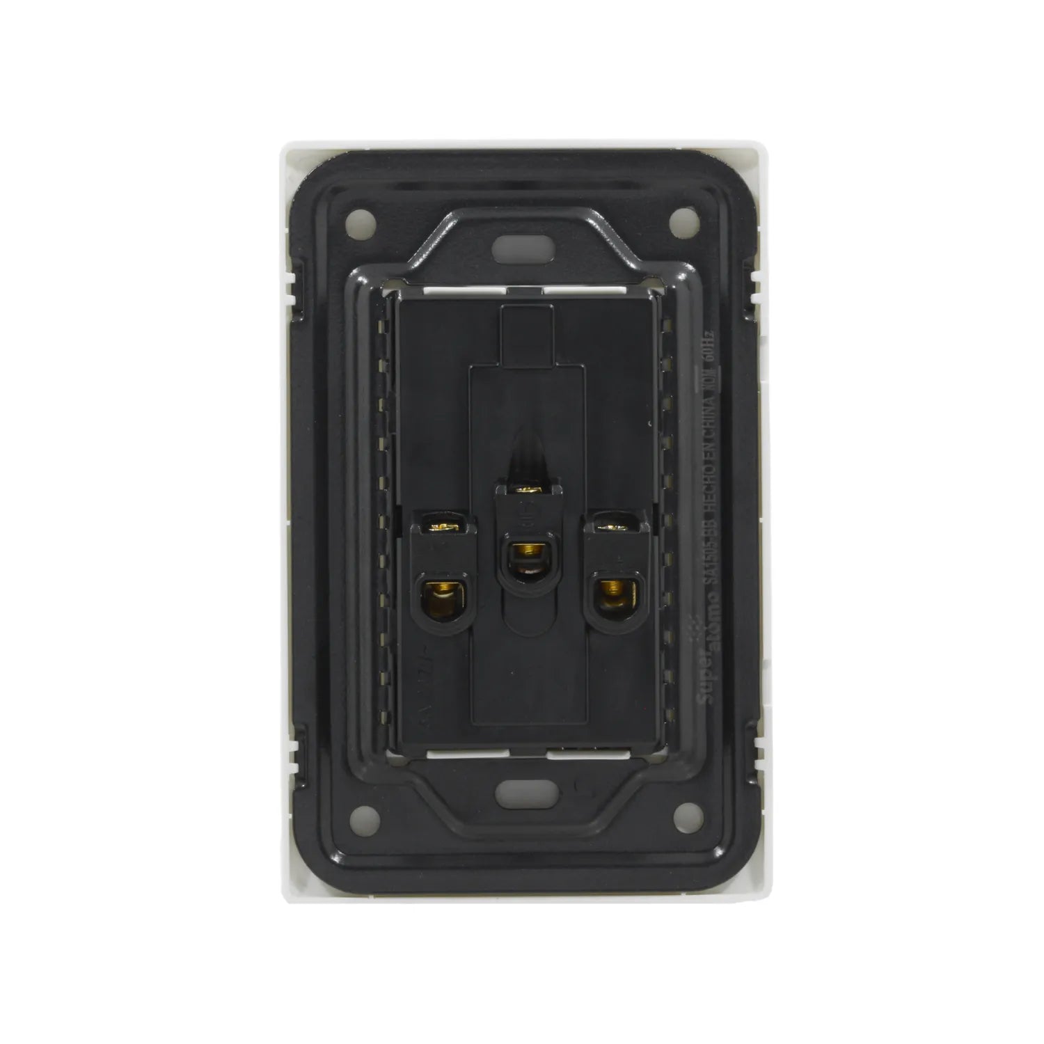 Placa eléctrica blanca Super Átomo 2 contactos vista trasera, terminales visibles y especificaciones 10A 127V~.