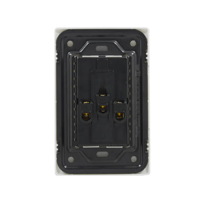 Placa eléctrica blanca Super Átomo 2 contactos vista trasera, terminales visibles y especificaciones 10A 127V~.