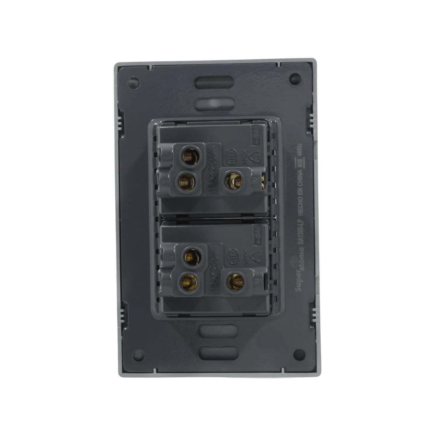 Placa de 2 apagadores de escalera Super átomo gris SA1305-LP, vista trasera con terminales eléctricos 16A 250V