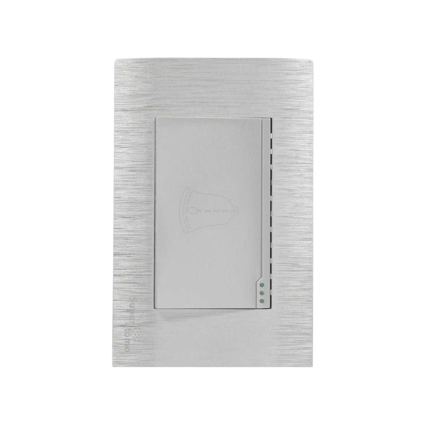 Placa botón timbre Super átomo, acabado metálico cepillado plateado con campana grabada