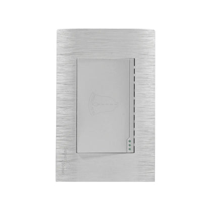 Placa botón timbre Super átomo, acabado metálico cepillado plateado con campana grabada